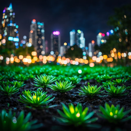 Green plant in the garden with blurred city light bokeh backgroundの素材