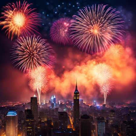 Fireworks over the cityscape of Chongqing, China.の素材
