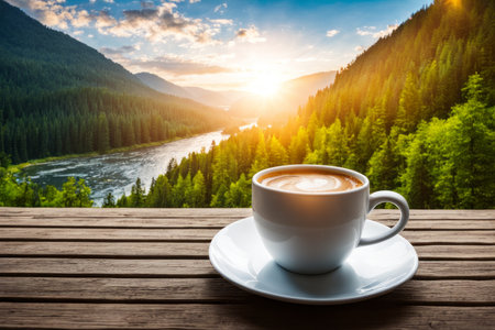Coffee cup on wooden table with beautiful nature landscape background.の素材