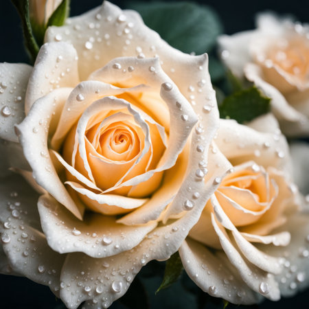 Beautiful white rose with water drops on dark background, closeupの素材