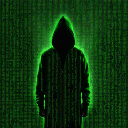 Hooded hacker in a green hood on a binary code backgroundの素材