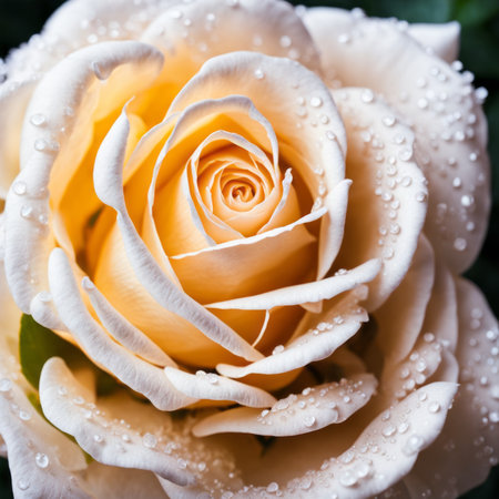 Close up of a beautiful white rose with water drops on petalsの素材