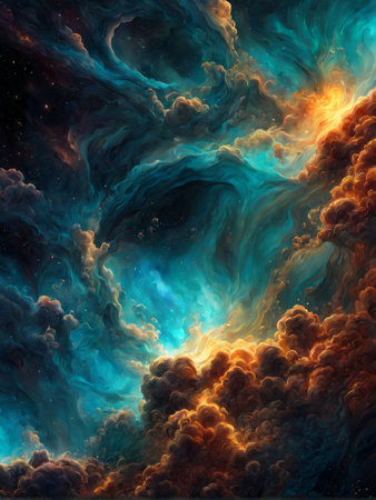 abstract space background with blue and orange nebula, 3d illustrationの素材