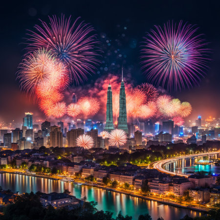 Beautiful firework display over the cityscape at night, Bangkok Thailandの素材