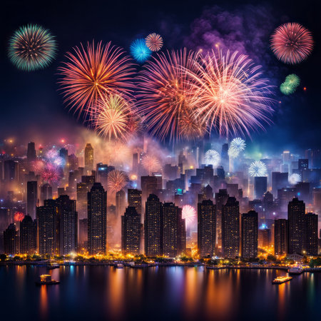 Fireworks over the cityscape, Happy new year and Merry Christmas conceptの素材