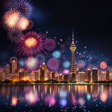 Shanghai skyline with fireworks and reflection on water,China.の素材