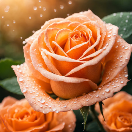 Beautiful orange rose with water drops on petals, floral backgroundの素材