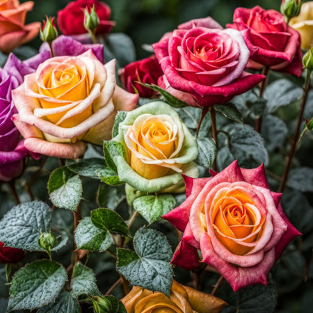 Beautiful colorful roses in the garden - Vintage filter processing style picturesの素材