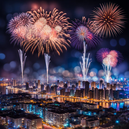 Colorful fireworks with cityscape and river at night for celebration.の素材