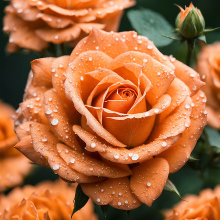 Beautiful orange rose with water drops on petals close-upの素材