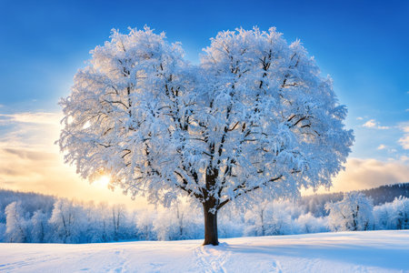 Winter landscape with frosted tree on the background of blue sky.の素材