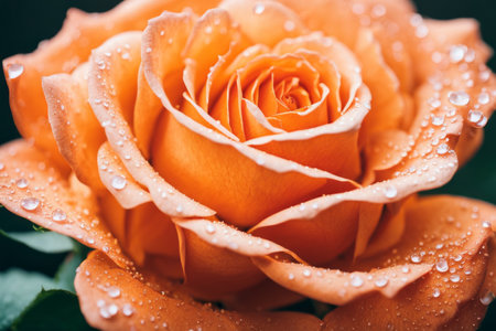 Beautiful orange rose with water drops on petals close-upの素材