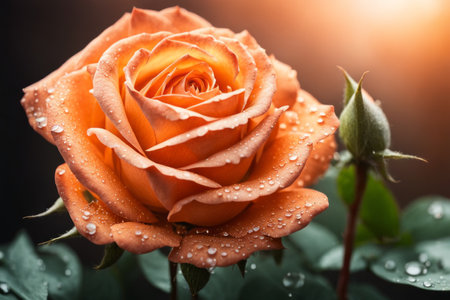 Beautiful orange rose with water drops on petals, closeupの素材