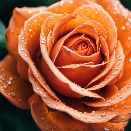 Beautiful orange rose with water droplets on petals closeupの素材