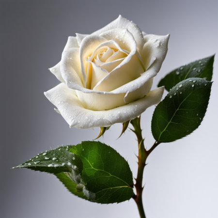 White rose with water drops on the petals on a gray backgroundの素材