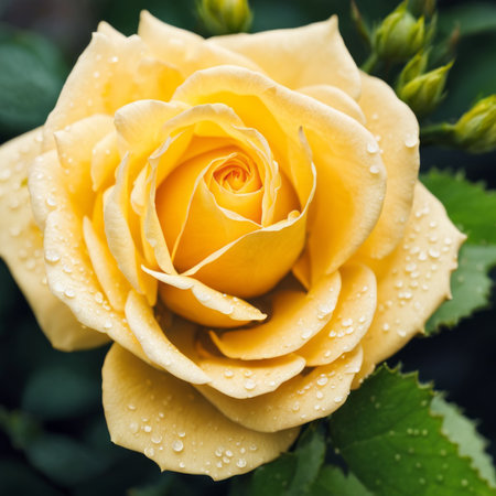 Beautiful yellow rose with drops of dew on petals.の素材