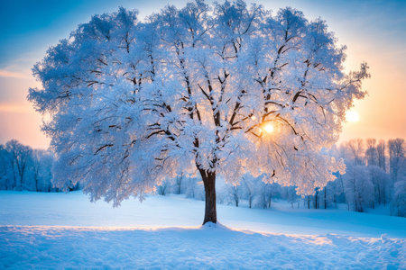 Beautiful winter landscape with trees covered with snow at sunset or sunriseの素材