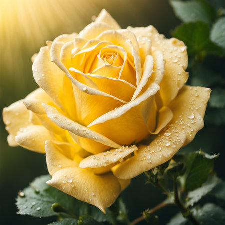 Beautiful yellow rose with dew drops on the petals.の素材