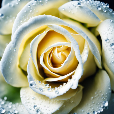 Beautiful white rose with water drops on petals close up.の素材