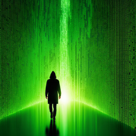 Conceptual image with silhouette of hacker on green binary code backgroundの素材