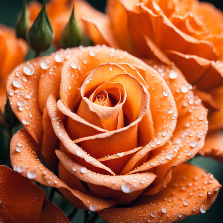 Beautiful orange rose with water droplets on petals close upの素材