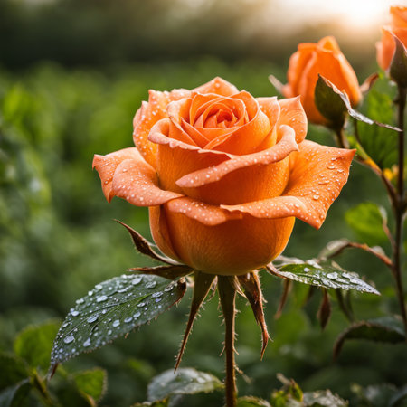 Beautiful orange rose with dew drops on it in the gardenの素材