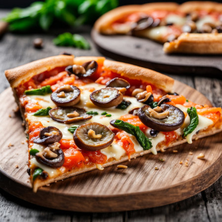 Pizza with salmon, mushrooms and cheese on wooden board, selective focusの素材