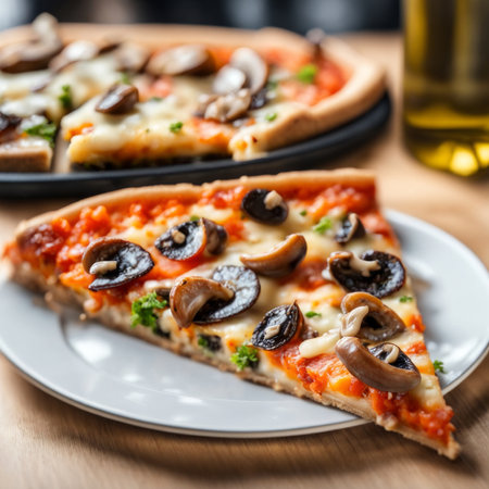 Pizza with mushrooms and mozzarella on a wooden table.の素材