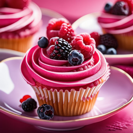 Cupcakes with berries on a pink background. Selective focus.の素材