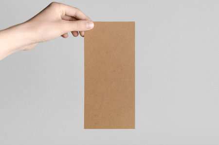 Kraft DL Flyer Mock-Up - Male hands holding a kraft flyer on a gray background.の写真素材