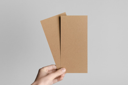 Kraft DL Flyer Mock-Up - Male hands holding kraft flyers on a gray background.