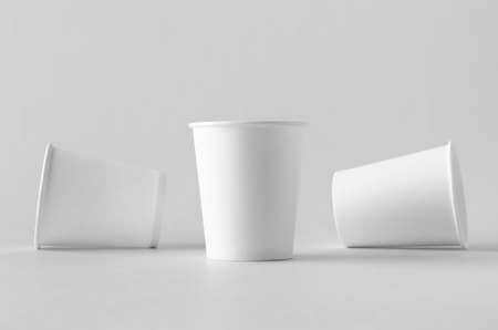 8 oz. white coffee paper cup mock-up without lid.の写真素材