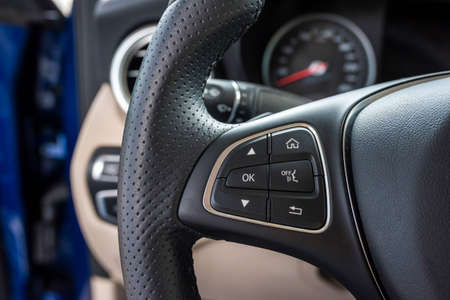 Helm of car, by closeup. Car wheel close up. Steering Wheel.の写真素材