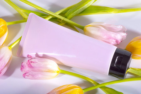 Pink cosmetic tube and tulips. Top viewの写真素材