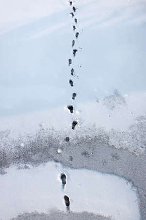 Human traces in the white snow, a view from above.