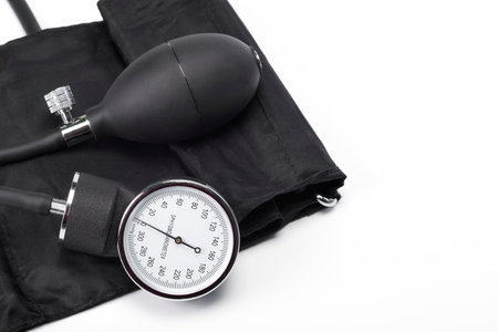 Tonometer for measure of blood pressure on white background. Sphygmomanometer with phonendoscope,...