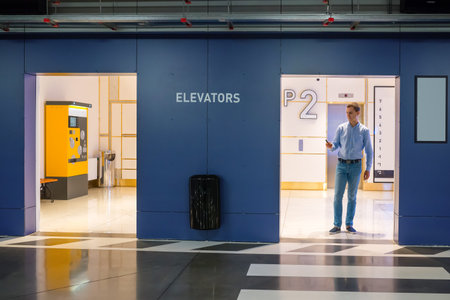 The man with phone in hands on the underground parking.の写真素材
