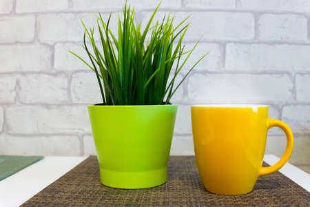 A yellow tea cup and a plants in a green pot on the table with blurry background.の写真素材