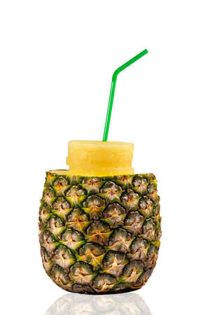 Fresh pineapple and straw isolated on white. Fresh fruits.の写真素材
