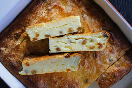 Homemade casserole with raisins close-up. Top view.