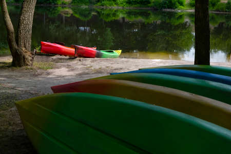 Boat parking on the river in nature. Rent kayaks, boats.の写真素材