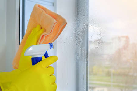 Hands in rubber gloves wash the windows with a spray. The concept of cleanliness and hygiene.