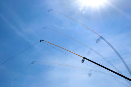 Fishing rod in motion against the blue sky on a sunny day. Fishing background.の写真素材