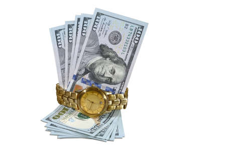 Gold watch and dollars, on isolated white background.の写真素材