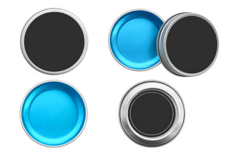 Gel for eyebrows. Eyebrow makeup product in round iron packaging. Cosmetic wax set isolated on white background, top view.の写真素材