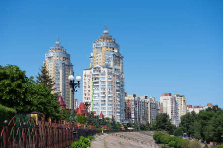 Kiev, Ukraine - May 20, 2018: Residential multi-storey building. bottom view.