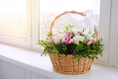 A basket of colorful flowers stands by the window on a sunny day. Chrysanthemum, carnation, spring flowers.の写真素材
