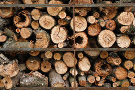 A stack of dry chopped old firewood. Pile of stacked firewood prepared for home heating.の写真素材