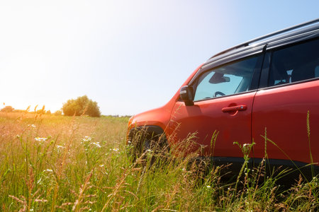Red car parked in a field on a country road in green grass. Transport, travel conceptの写真素材