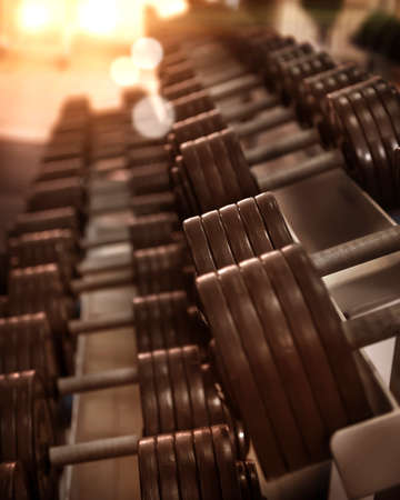 Dumbbells are in a gymnasium, close-up.